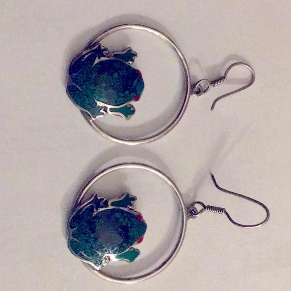 Sterling Silver Enameled Frog Hoop Earrings - Picture 1 of 3